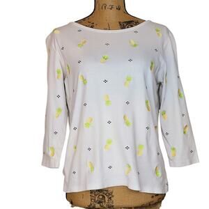 Talbots Vintage Y2K Pineapple Embroidered White 3/4 Sleeve Cotton Top Size Med